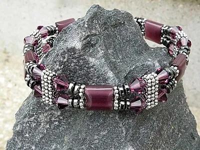 Magnetic Therapy Bracelet Anklet Amethyst Gemstones W Amethyst SWAROVSKI 2 Row • $46.99