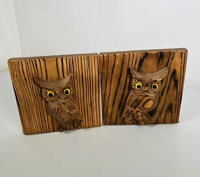 Vintage MCM Carved Wood Owl Bookends Tiki Witco Style Otagiri Glass Eyes • $29