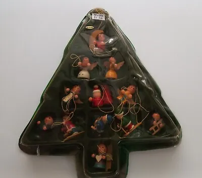 Vintage 12 Mini Wooden Christmas Tree Ornaments Hand Painted Original Package  • $10