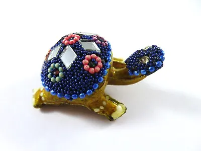 Vintage Miniature Turtle Figure Beaded Mosaic Royal Blue Gold Enamel On Resin • $11.69