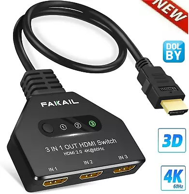 Upgrade 4K HDMI Switch 3 In 1 Out 3 Port HDMI Hub For PS4/5 Xbox FireStick Apple • $11.99