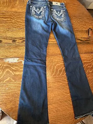 MISS ME Size 28X 33 BOOT  Flowers Rhinestone Stretch Blue Jeans Horseshoe • $65