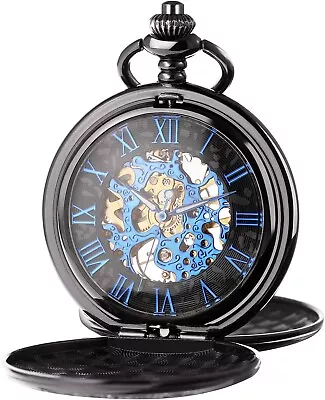 TREEWETO Men's Mechanical Skeleton Pocket Watch Blue Roman Numerals With Chain • £24.99