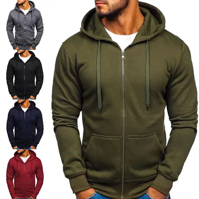 Men Zipper Hoodie Pocket Sweatshirt Coat Jacket Autumn Outwear  Solid Color • £18.83