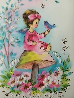 $6.98 • Buy Vtg Birthday Greeting Card Embossed Girl Angel Fairy Pixie Mushroom Bird 60-70s