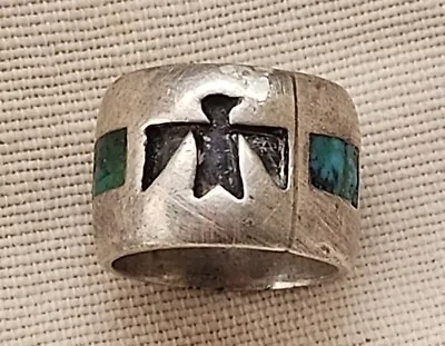 VINTAGE NAVAJO 925 STERLING SILVER TURQUOISE Chips INLAY BAND RING SIZE 4.5 • $29.99