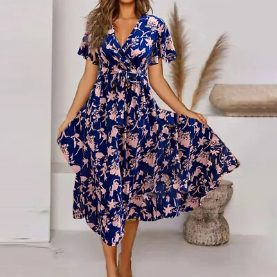 $26.39 • Buy Women Floral Short Sleeve Midi Wrap Dress Summer Beach Vintage Swing Sun Dresses