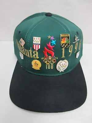 Vintage Atlanta 1996 Olympics Green Snapback Starter Hat Baseball Cap W/ 9 Pins • $24.95