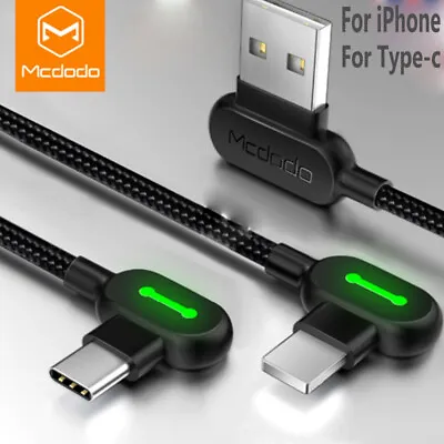 MCDODO 90 Degree L Shape Fast Charging Data Cable LED For IPhone Huawei Android • £7.91