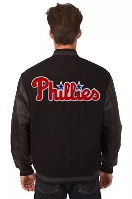 MLB Philadelphia Phillies Wool Leather Reversible Jacket Embroidered Logos Black • $249.99