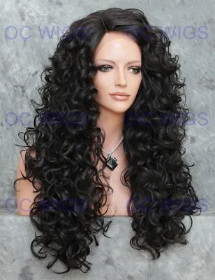 Long Spiral Curls Heat Safe Lace Front Human Hair Blend Wig Darkest Brown EVFK 2 • $84.85