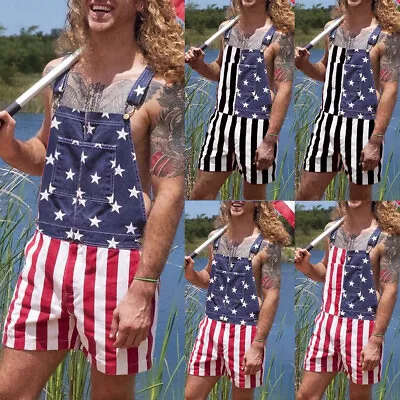 Men's American Flag Print Shorts Suspender Jumpsuits Bib Pants Casual Overalls • $17.99