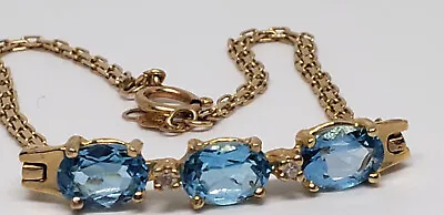 14k Yellow Gold 3 Oval Blue Topaz 2 Diamond Link Bracelet 7  Estate 3.5 Gram • $189.99