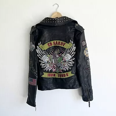 Vintage Y2K Ed Hardy Iron Lords Biker Leather Jacket Studded XL Patches $550 • $297.50