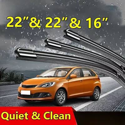 Front & Rear Windscreen Wiper Blades Set For J Hook Wiper Arm 22 /22 /16  Rubber • $8.98