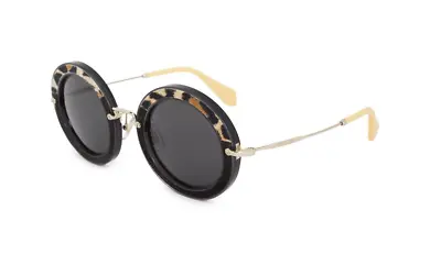 MIU MIU NOIR Black MU08RS USC1A1 49 LEATHER Gold Leopard Round Retro Sunglasses • $199.99