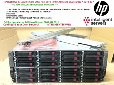 £2195 • Buy HP DL180 G6 2x L5520 4-Core 64GB Ram 36TB HP MSA60 36TB SAS Storage * 72TB 4U *