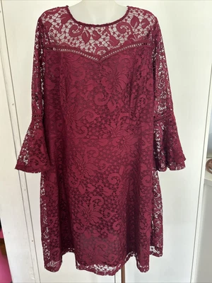 $22 • Buy Sz L 20 CITY CHIC Burgundy Lace Dress Knee Length 3/4 Flutter Sleeves