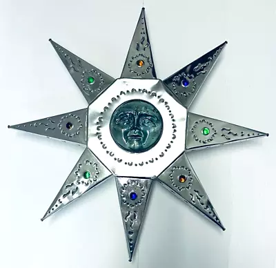 Punched Tin Star With Marbles And Glass Moon Face Wall Art • $99.99