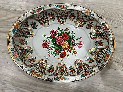 VINTAGE Daher Decorated Ware Tin Oval Tray England Victorian Flowers 12.5”x9.25” • $24.95