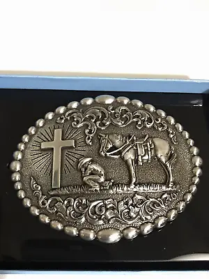 Nocona Western Belt Buckle Cowboy Man At Cross Praying Silver • $18