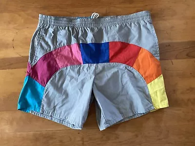 Vintage 90s Freestyle Surf Beach Shorts Swim Trunks Large Rainbow Block Geo Grey • $25