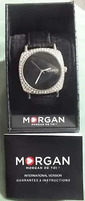 A Super Ladies MORGAN Silver & Black Quartz Wristwatch-2 Pce Black Leather Strap • $10.58