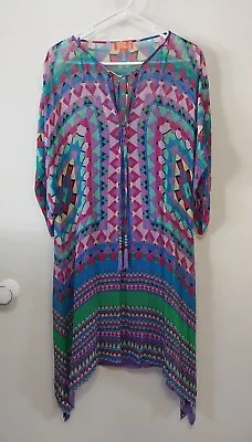 HALE BOB Cabana Bright 100% Silk Kaftan Dress With Slip - Size M • $54