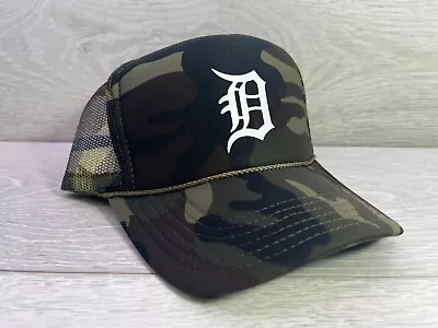New Detroit Tigers D Green Camo Hat 5 Panel High Crown Trucker Snapback • $24.95