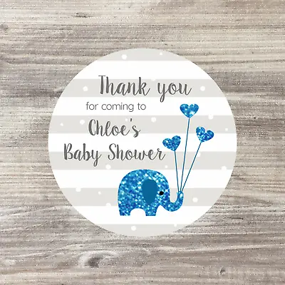 48 X Personalised Baby Shower Stickers Elephant Baby Boy Favours Thank You • £3.50