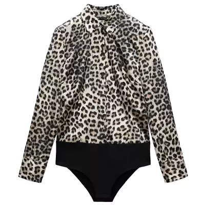 Zara Leopard Print Black Brown Button Down Bodysuit Sz L NEW Tags Shoulder Pads • $27.20