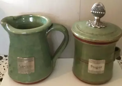 Crosby & Taylor Monticello Pottery Sugar Container And Creamer 5  Green Color • $60