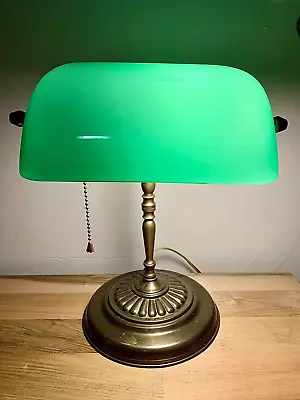 Vintage Mid Century Brass Bankers Desk Lamp Emerald Green Cased Glass Shade 13  • $39