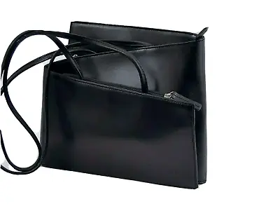 Cleo & Patek Ladies Shoulder Bag Black Leather Cowhide Double Openig Wave Effect • $101.59