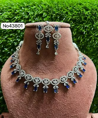Indian Bollywood Silver Plated Ethnic AD CZ Jewelry Earrings Necklace Bridal Set • $20.23