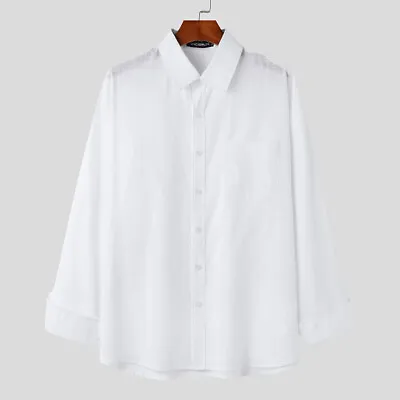 Mens Casual Cotton Top Shirt Long Sleeve Loose Blouse Button Down Shirts Tops • £9.99