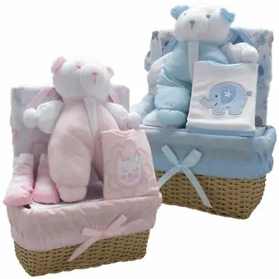 Baby Shower Gift Set Boy Girl Large Hamper Basket  100% Cotton Bodysuit Bib Toy • £23.95