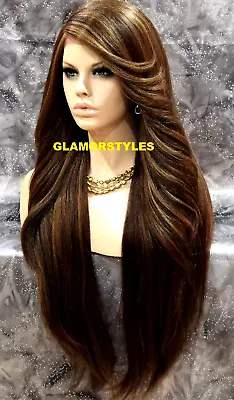 Lace Front Full Wig Extra Long Straight Layered Side Part Brown Blonde Heat Ok • $79.95