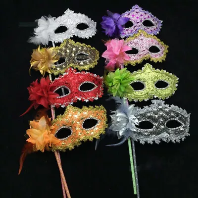 Venetian Masquerade Half-Mask Holding Stick Women Feather Ball Party Prom Women • $6.15