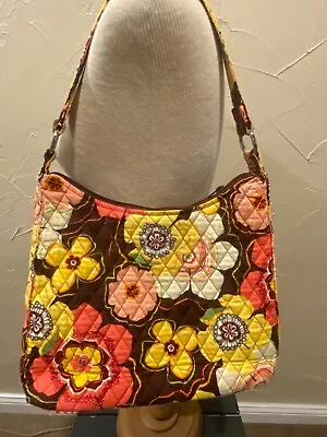 Vera Bradley Purse Lisa B Hobo Shoulder Bag Buttercup Side Zippers Brown Gold • $16.22