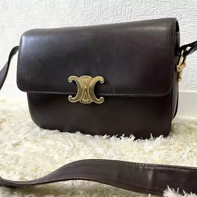 CELINE Shoulder Bag Triomphe Hardware Leather Brown  Vintage Old Gold From Japan • $1051