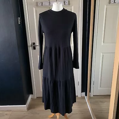 £29 • Buy AND/OR Size 8 Black Cotton Dress Long Sleeve Tiered High Neck Midi Modest Jersey