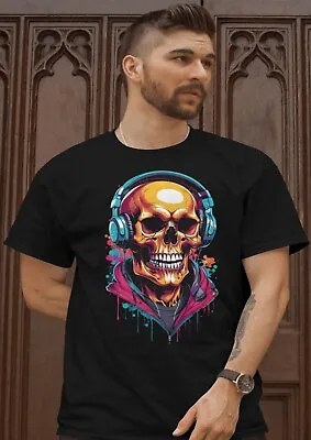 Skulls Head DJ T-Shirt Drum & Bass Hip Hop Men's Skeleton T-Shirt Colour Design • £11.99