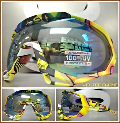 Oversized 90s RETRO SPORTY Wrap Around Style SUNGLASSES GOGGLES Gold Mirror Lens • $14.99