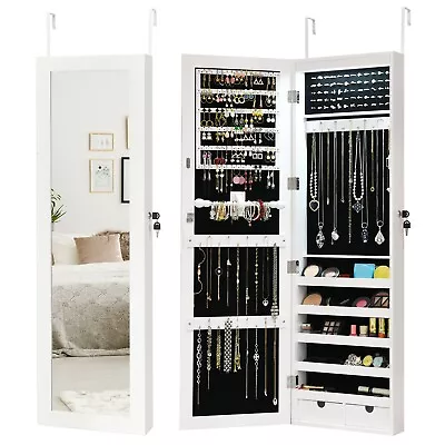 Lockable Jewelry Storage Cabinet Wall-mounted LED Jewelry Armoire W/Full Mirror • £68.95