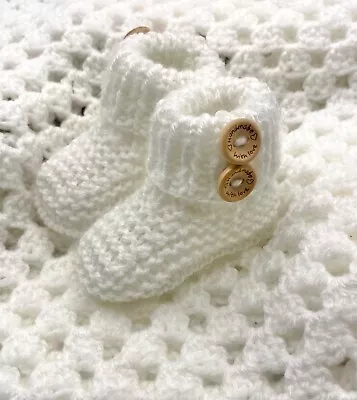 Kiddashery Baby Booties 0-3 Months Hand Knitted Shoes Pull On Baby Yarn White • £5.99