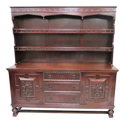 Antique Gothic Influenced Dark Oak Welsh Cupboard Buffet With Plate Rack Topper • $1097