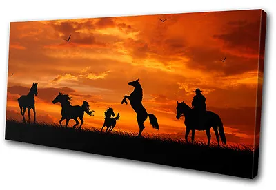 Animals Horses Cowboy Sunset SINGLE CANVAS WALL ART Picture Print VA • £29.99