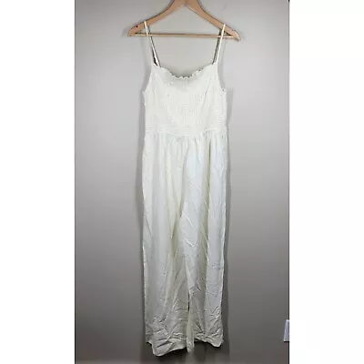 NWT H&M Cream Smocked Bodice Sleeveless Viscose Linen Jumpsuit Romper Large • $19.95