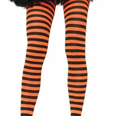 Party Time Costume Black Orange  Stripe Tights For Cosplay Witch  One Size New • £7.70